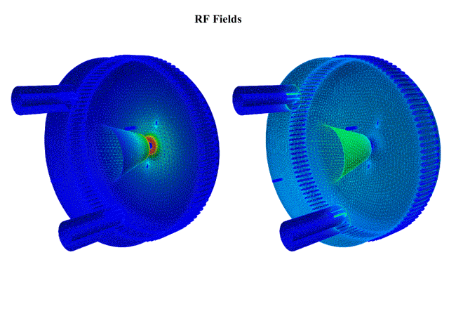 Animation of ACE3P simulations: rf fields in a cavity, multipacting trajectories, and an rf gun with beamline from the ACE3P and IMPACT workflow